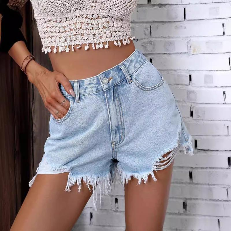 Lässige Jeans-Shorts mit hoher Taille für Damen mit ausgefransten Kanten und Löchern