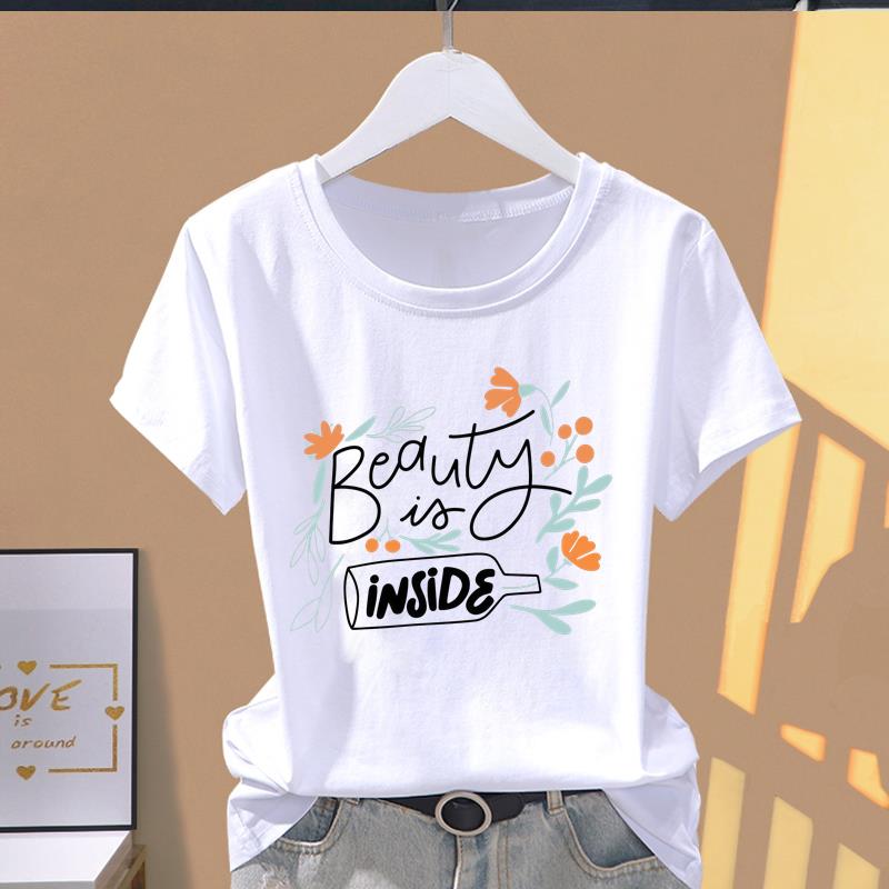 (Asian Size) Lovely Letter Cute Women's Top T Shirt Printed O-neck Short Sleeve T-shirts Fashion Female Casual Clothing Graphic Tee