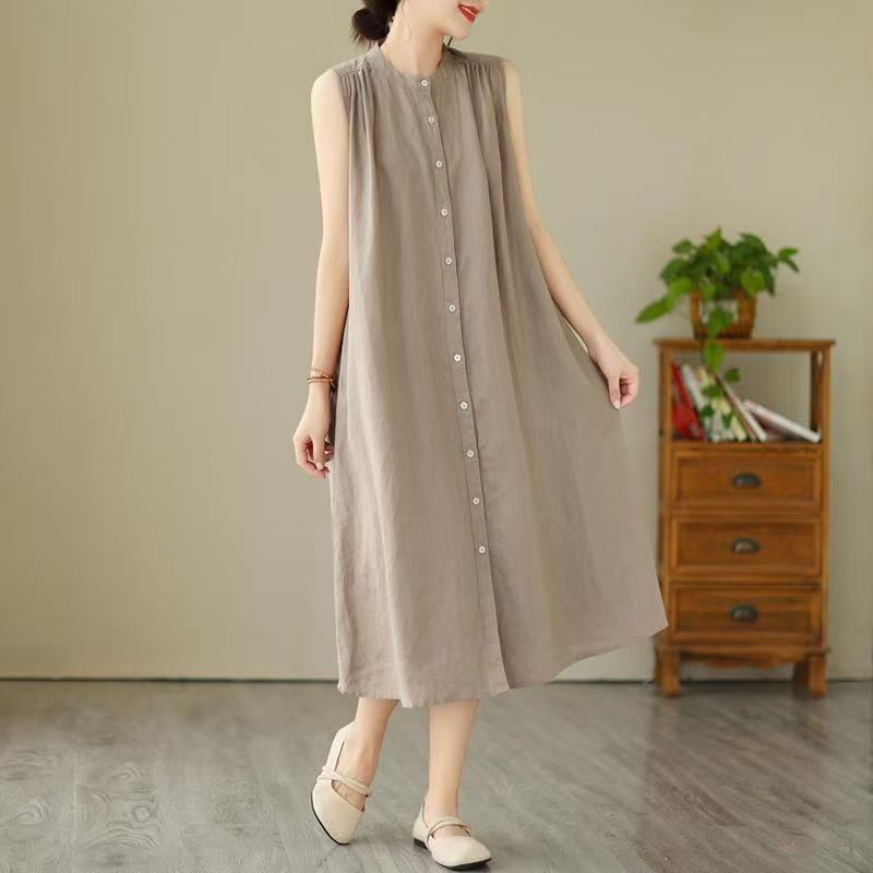2026 New Summer Casual Sleeveless Cotton Linen Dress - Slimming, Loose Fit, Solid Color