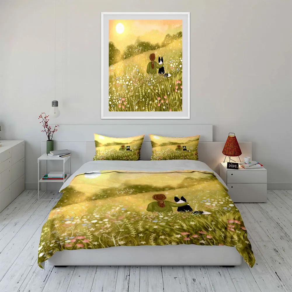 3Pcs Warm Sunlight Bedding Set Girl and Dog In Spring Flower Field Print Duvet Cover & 2*Pillowcases Gift