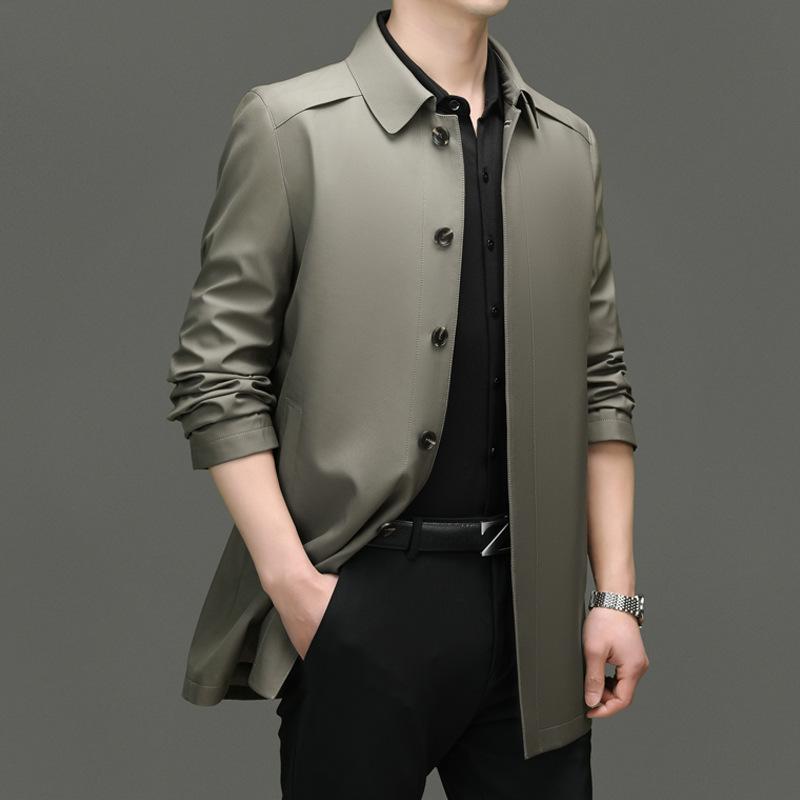 Spring and Autumn New Men's Trench Coat Medium and Long Fashion Casual Lapel Solid Color Dad Casual Trench Coat