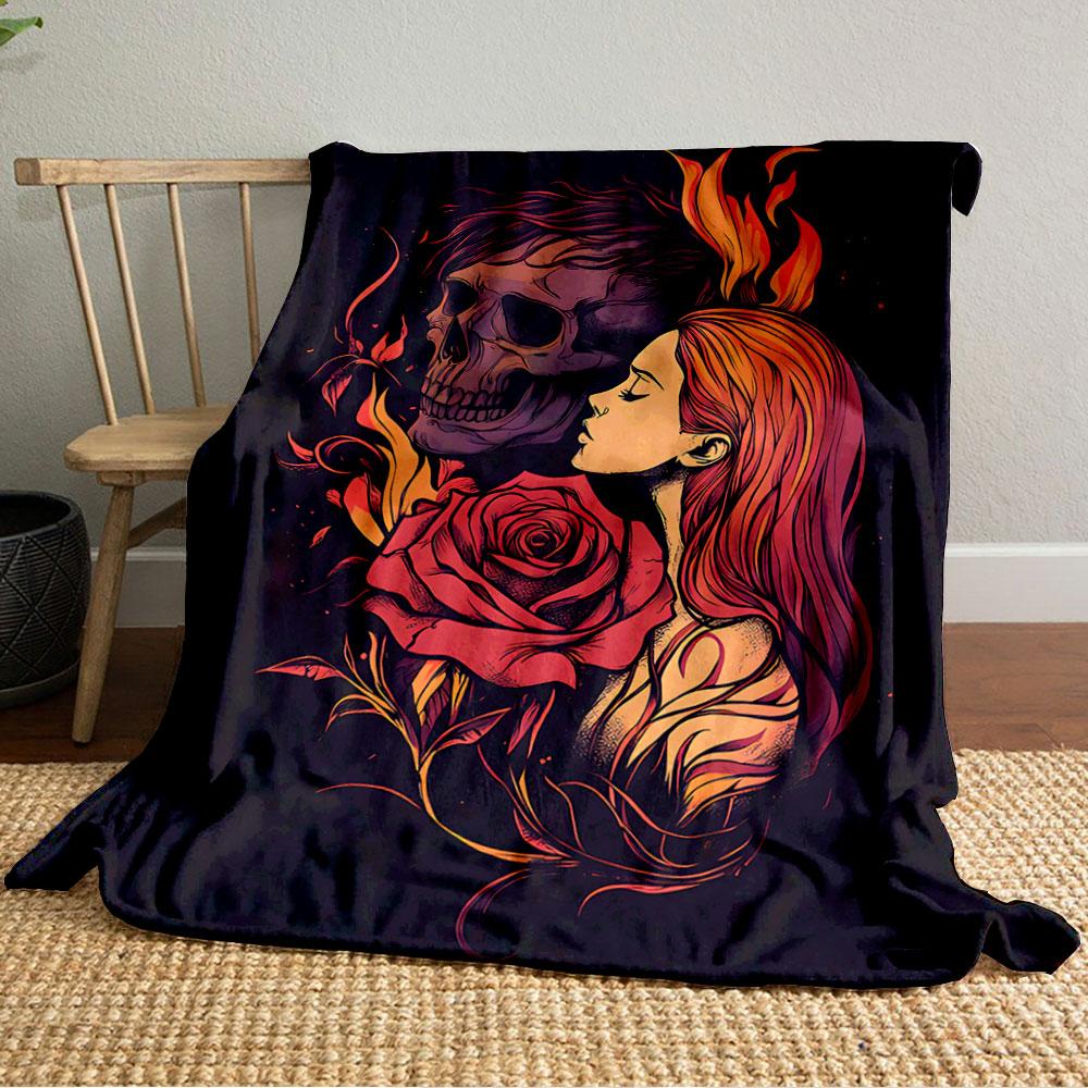 Fiery Skull and Rose Art for All Seasons Blanket Lunch Break Throw Gift
