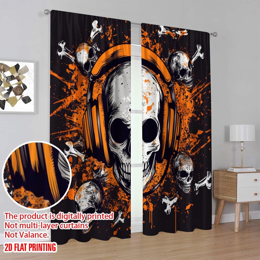 2pcs,2D plane printing Curtain Popular Skulls Beats Polyester Easy Install (without rod) Holiday Ldeal for Living Room, Bedroom,