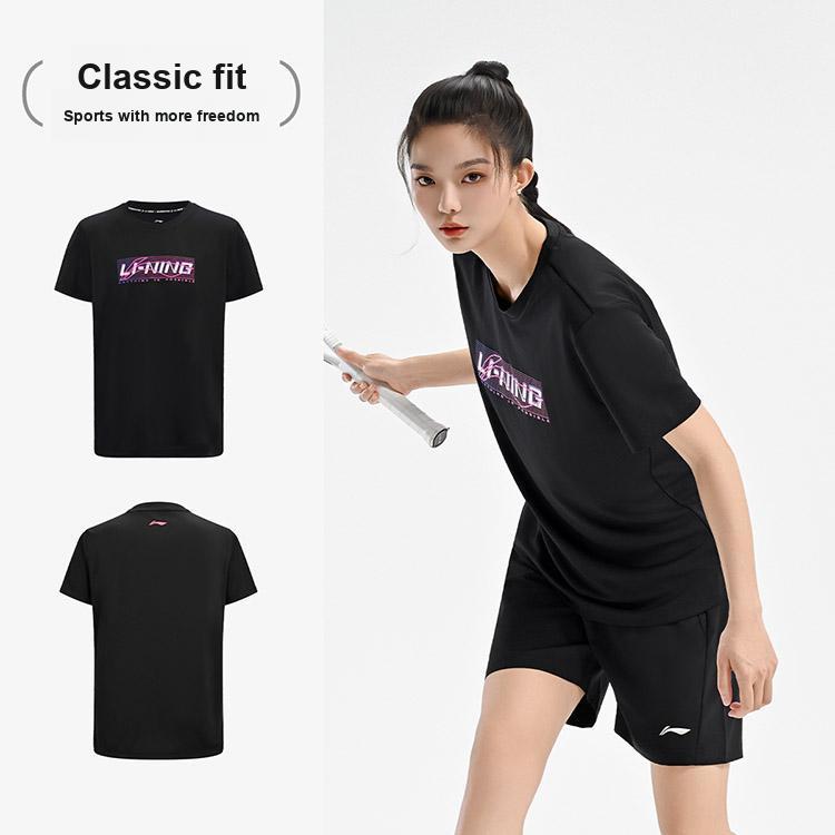 Li Ning Badminton Series Creative Logo Classic Breathable Vitality Fashion Casual Daily Sports Short Sleeve T-Shirt Unisex Tops Black ATSV627-1