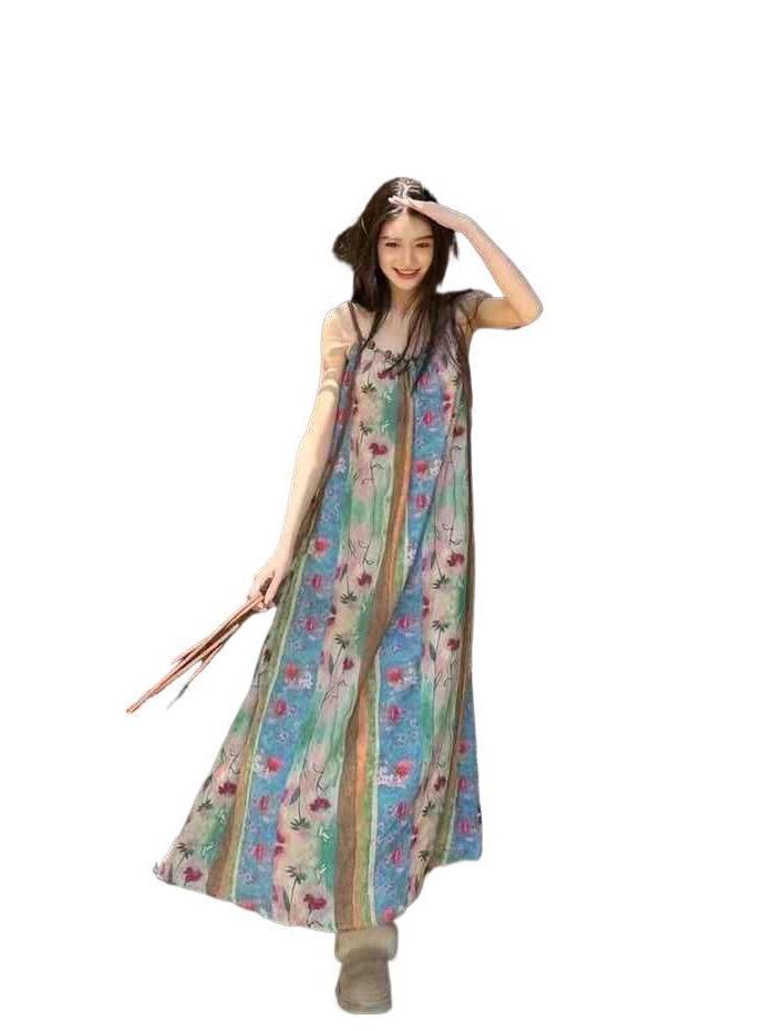 Women's Summer Seaside Floral Maxi Dress - Spaghetti Straps, French Retro Style