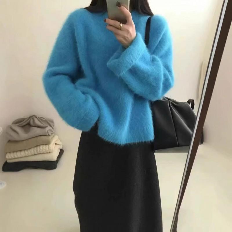 Soft Fuzzy Knit Pullover Sweater Women Loose Oversized Round Neck Long Sleeve Winter Casual Cozy Top