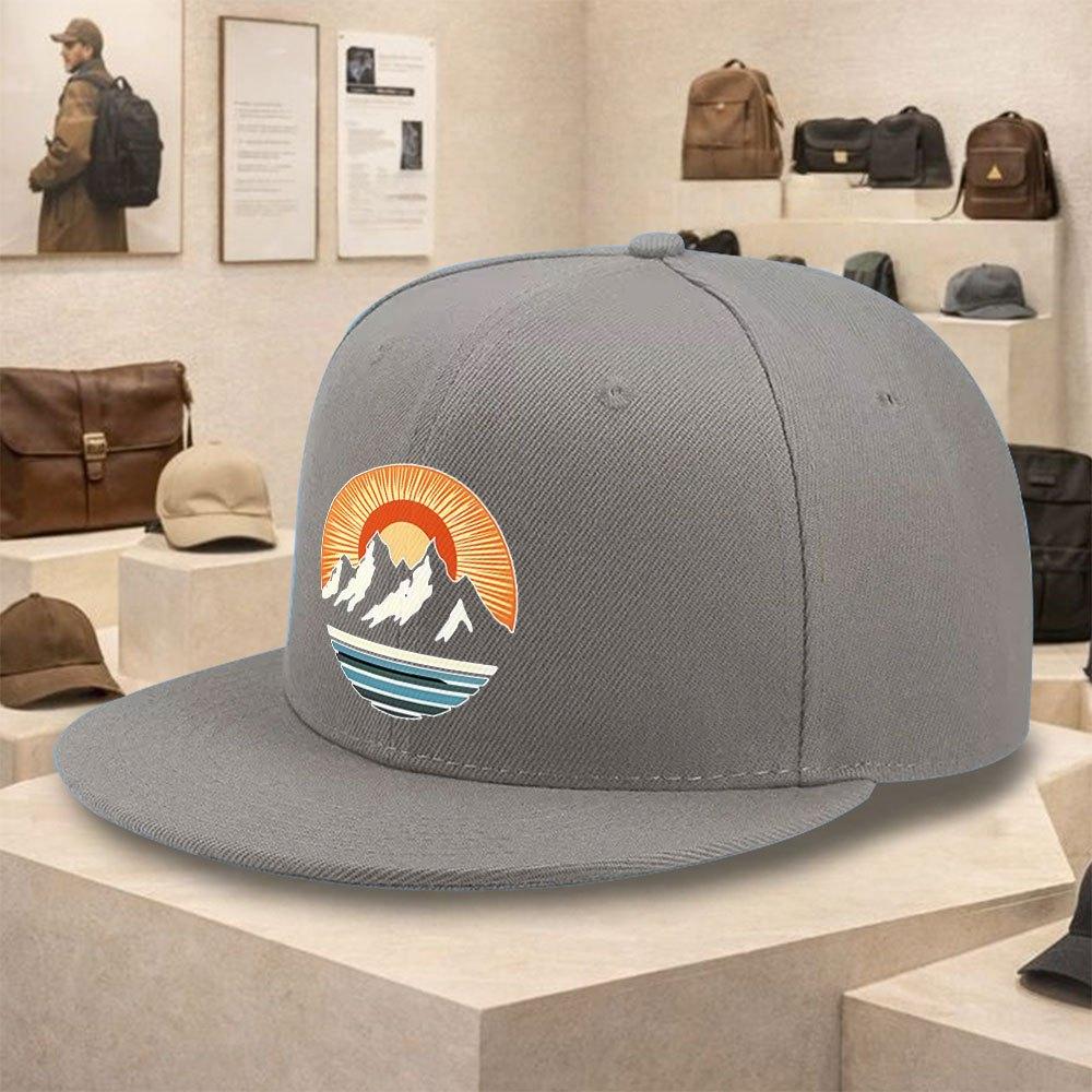 Mountain Sunset Graphic Polyester Baseball Cap Unisex Outdoor Adventure Flat Brim Snapback Hat