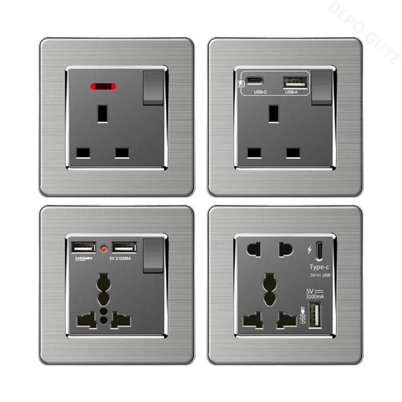 Universal-Wandlichtschalter, gebürstetes Edelstahl-Panel, UK Typ-C 18W Schnellladebuchse 220V Doppel-USB-Steckdose