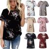 Elegancka Letnia Damska Bluzka Kwiatowy Wzór Krótki Rękaw Luźna Codzienna Koszulka Top