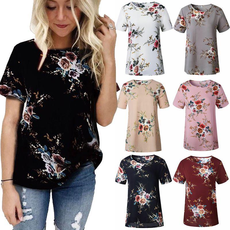 Elegancka Letnia Damska Bluzka Kwiatowy Wzór Krótki Rękaw Luźna Codzienna Koszulka Top