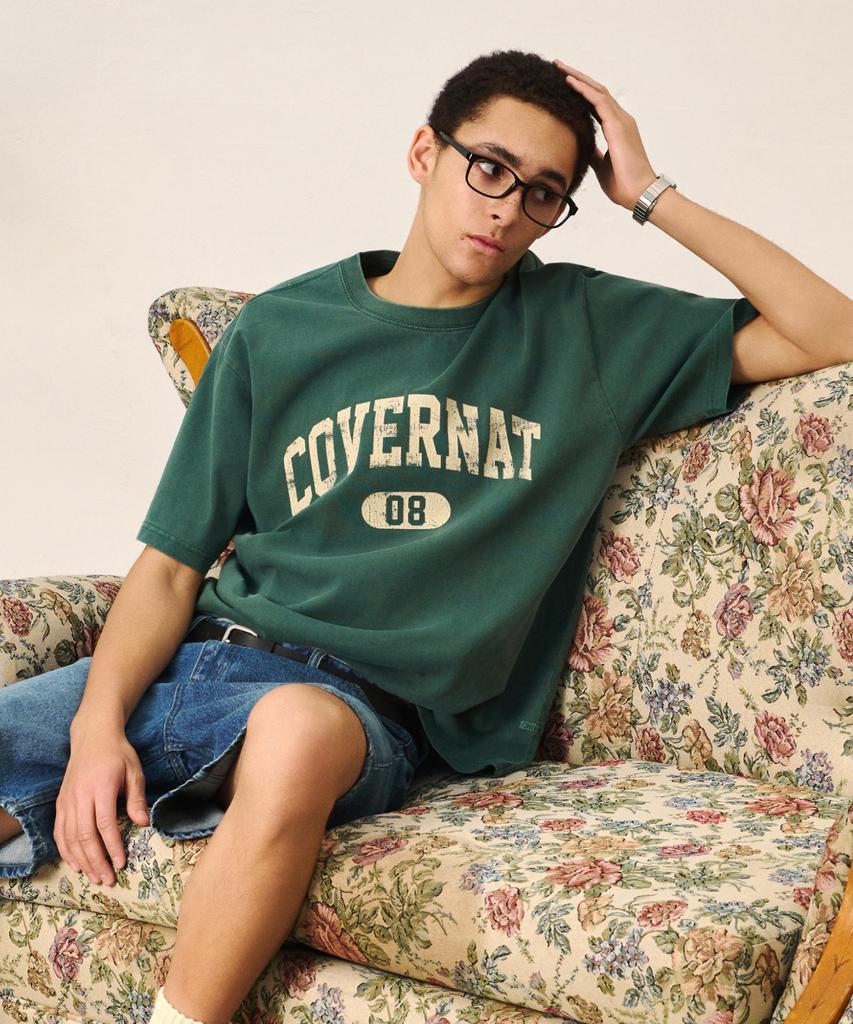 COVERNAT Cracked Arch Logo Dyed T-Shirt Charcoal