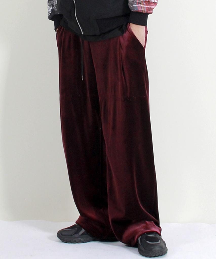 Deumakeu Velvet Laminated Single-Pleat Real Wide Pants Burgundy