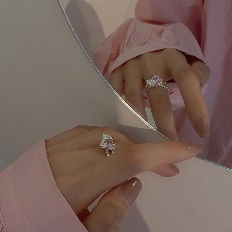 Trendy Pink Love Zircon Double Layer Open Ring