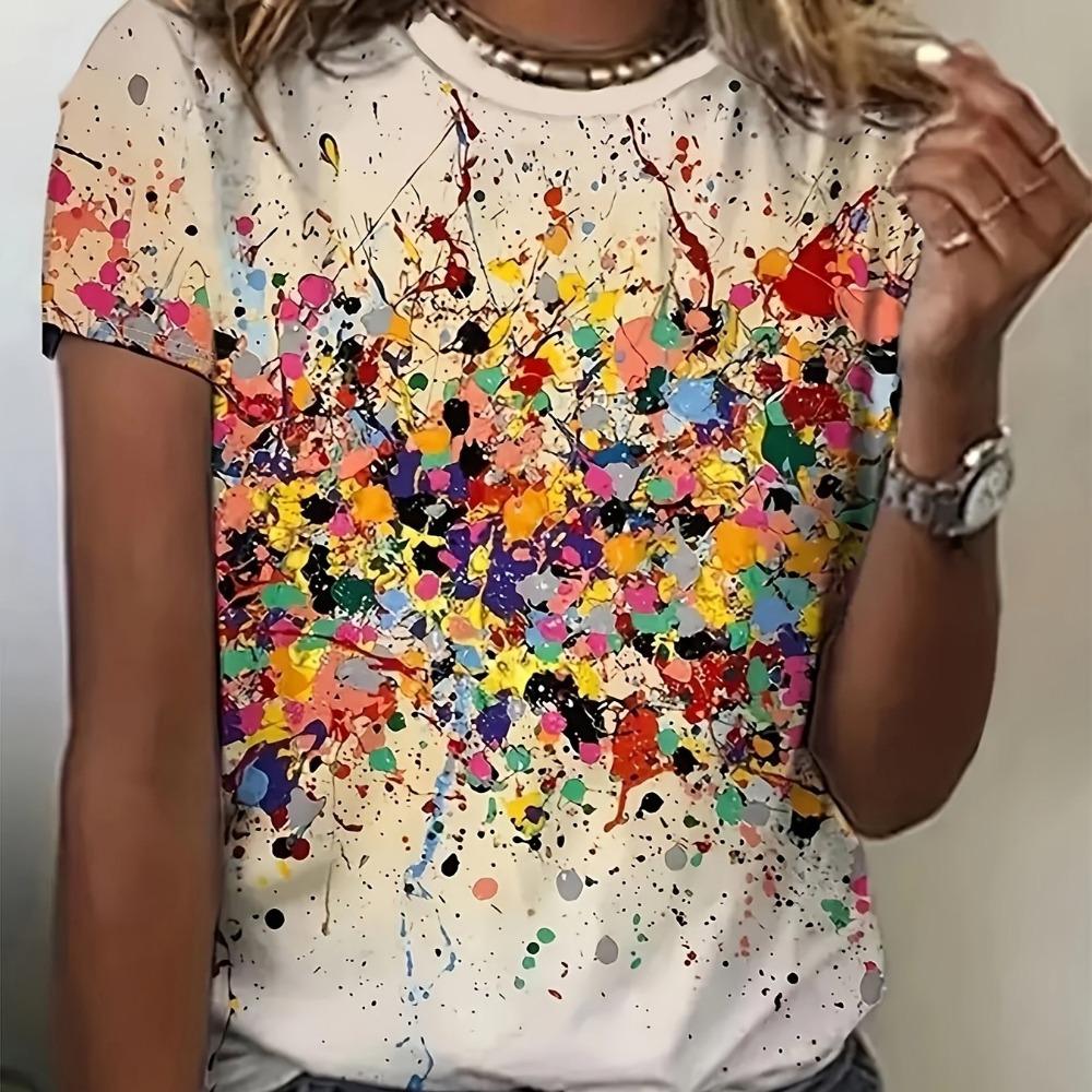 Elegantes, Modisches Und Frisches Blumenmuster Sommer Rundhals Damen Slim T-Shirt Sommer Lässig Vielseitiges Damen 2K Top