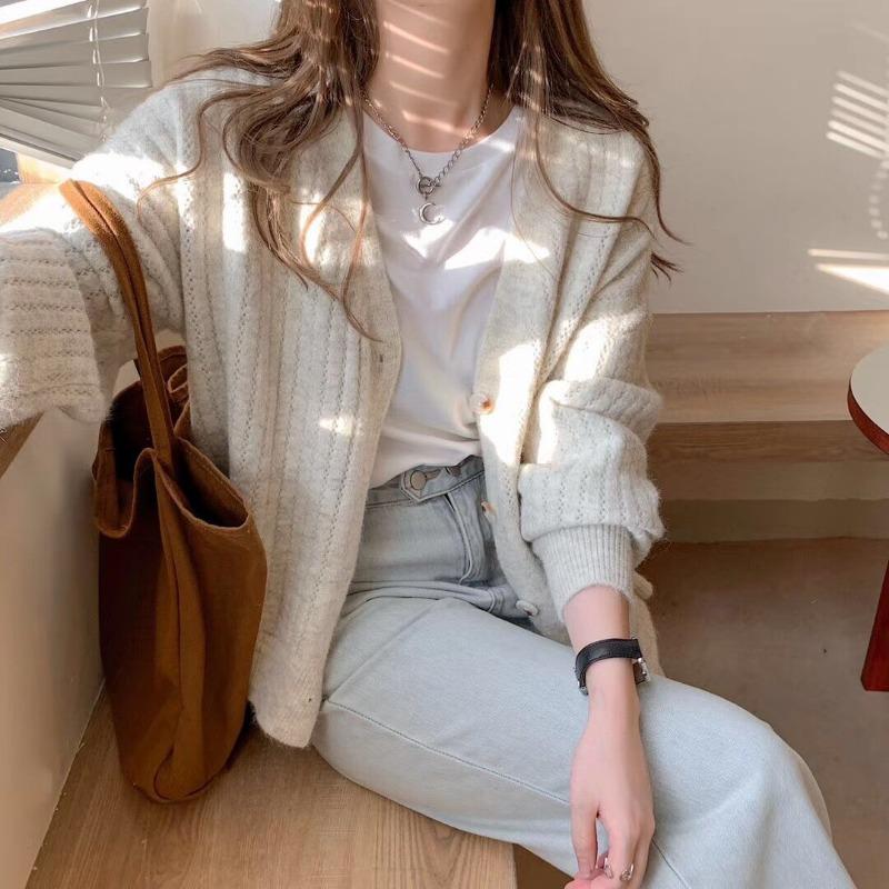 Novo Suéter Feminino Casual Elegante de Gola V Solto para Escritório Moda Cardigã Jaqueta para Mulher de Escritório Peça Externa Lisa Outono Inverno Casaco de Tricô Roupa Simples