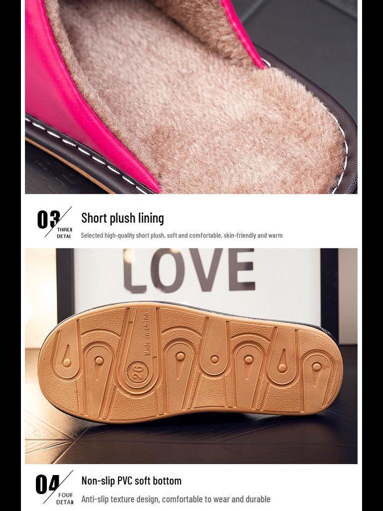 Non-Slip Waterproof Winter Leather Slippers for Couples - Warm Plush Indoor Footwear