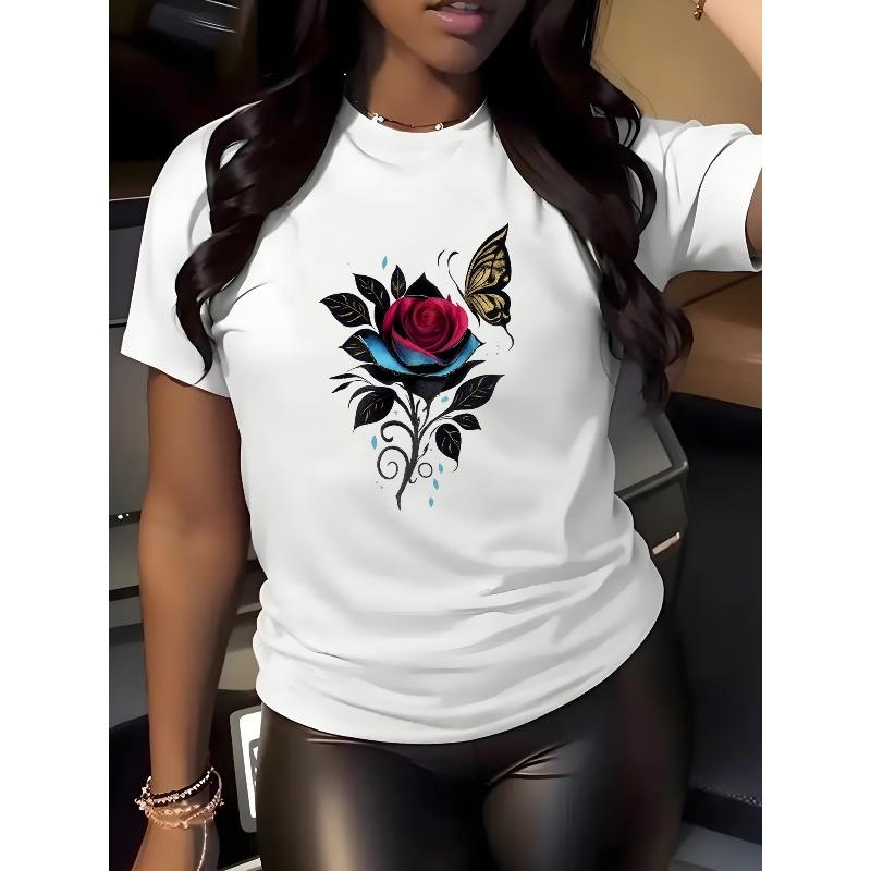 European sizes Fashionable Women'S Crew-Neck T-Shirt | Featuring Valentine'S Day Rose and Butterfly Print, Minimalist Design, Comfortable