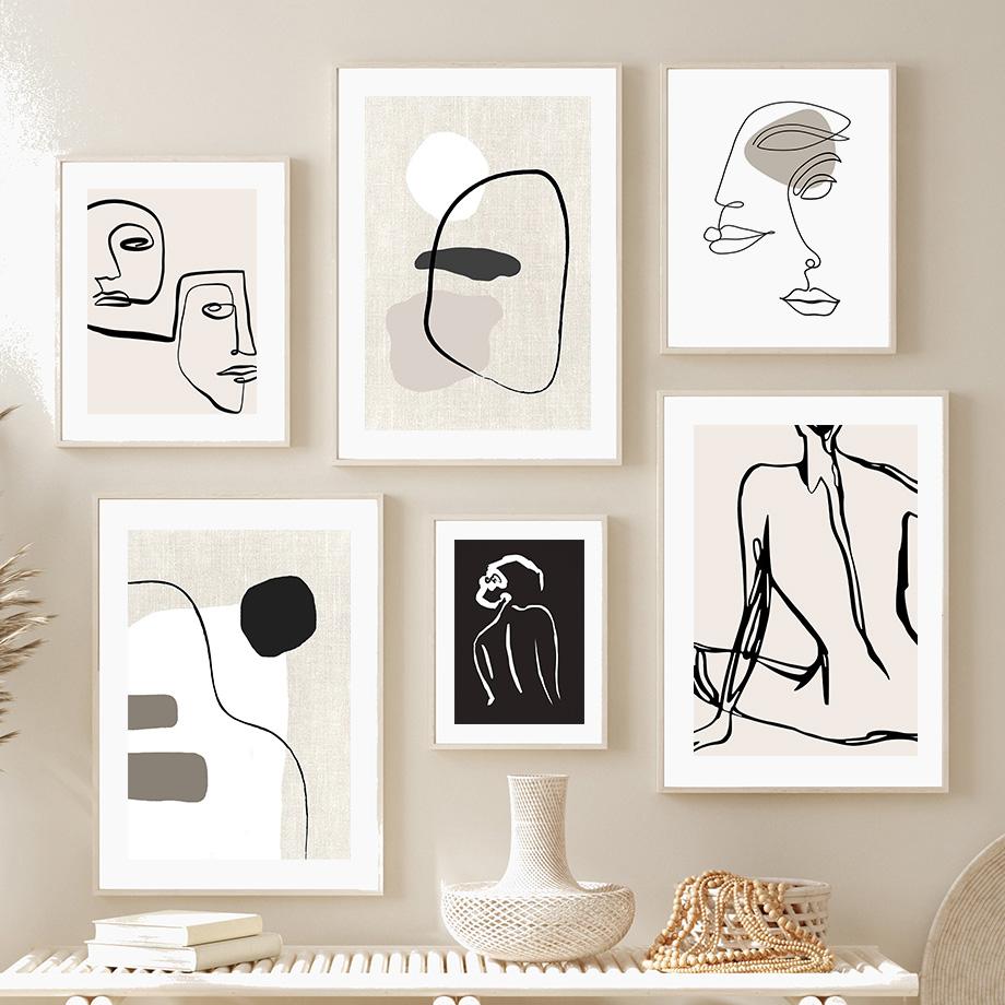 Dessins au trait Visage de fille Corps Amour Abstrait Affiches et impressions Art mural Peinture sur toile Photos pour hôtel bar Décor de salon