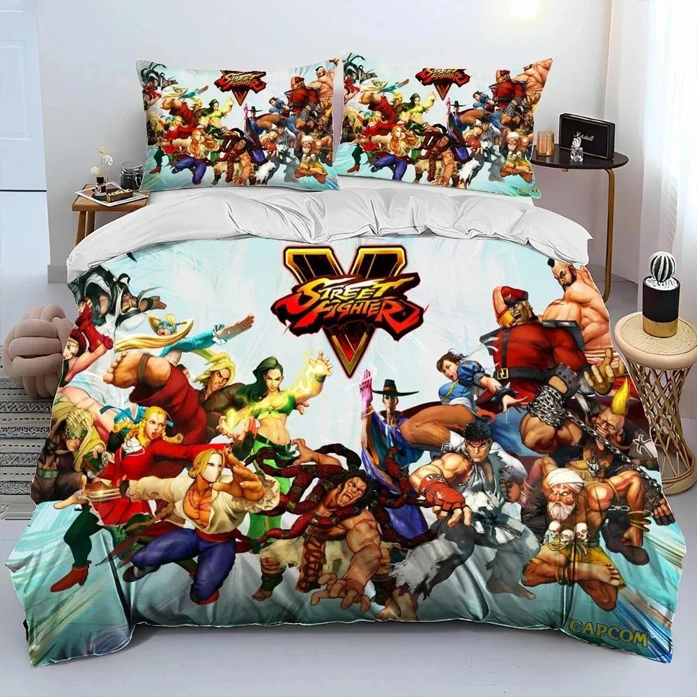 Street Fighter Retro Spill Gamer Sengetøysett Enkelt Tvilling Full Queen King Størrelse Polyester Dynetrekk Dynequilte Trekk Sett