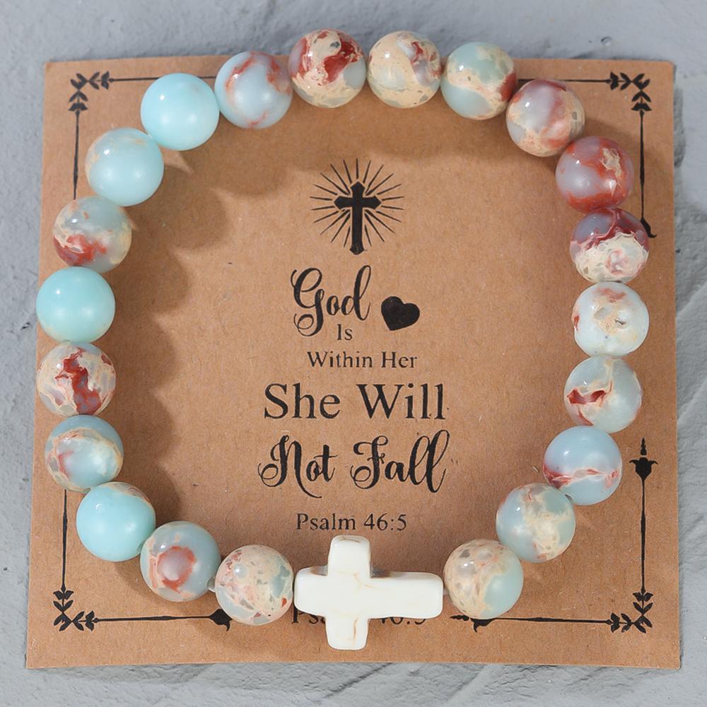 Religieuze kruisarmband voor dames heren natuursteen kralen elastische link gebedsarmband met kaart