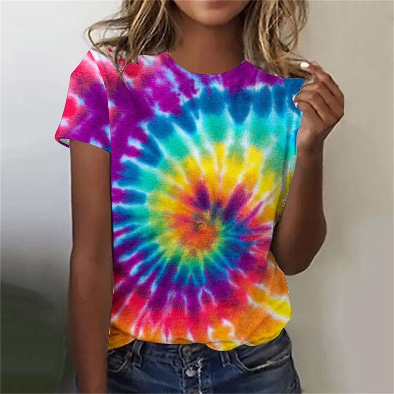 Women's T-shirt Colorful Tie Dye 3D Printed T-shirt Loose Fitting Pullover Round Neck Short Sleeved T-shirt