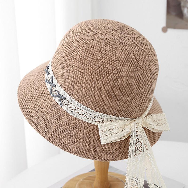 Breathable New Hat Women's Bucket Hat Spring and Summer Bow Lace Streamer Hollow Sunscreen Sunshade Sun Hat
