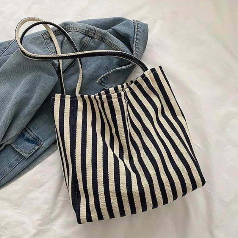 Female Casual Multifunctional Travel Top-handle Handbag Large Capacity Canvas Women Shopper Tote Simple Striped Shoulder Bag2025