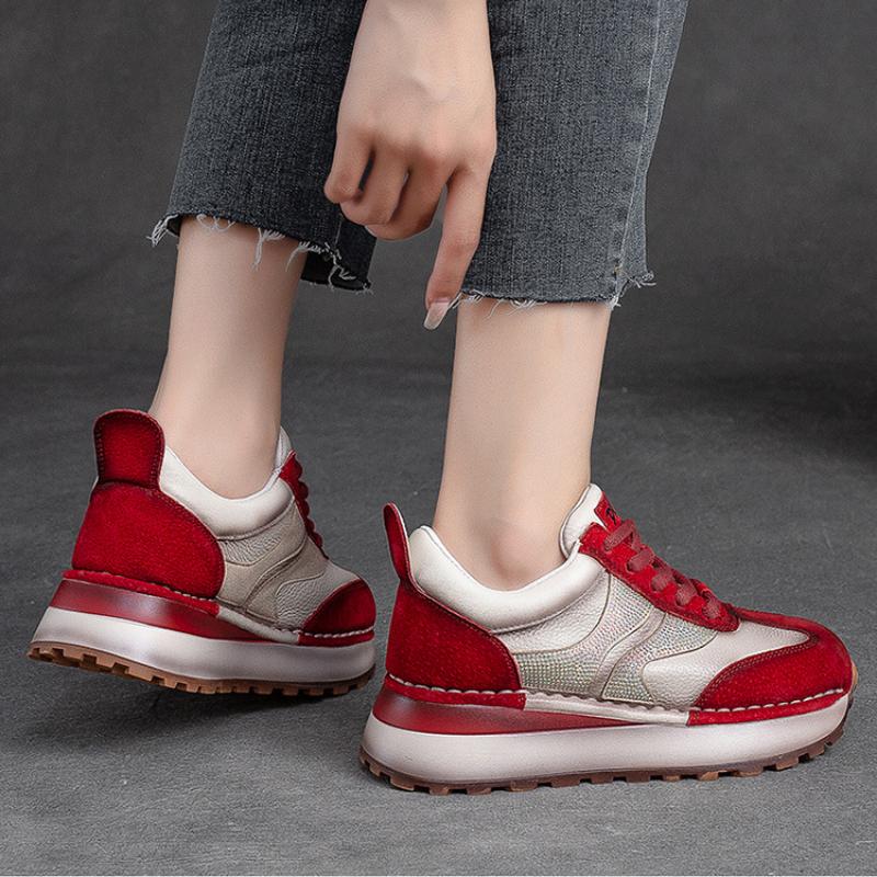 Johnature Echtes Leder, gemischte Farben, Schnür-Sneaker, Damen, Freizeit, Sport, weiche Sohle, bequeme Schuhe