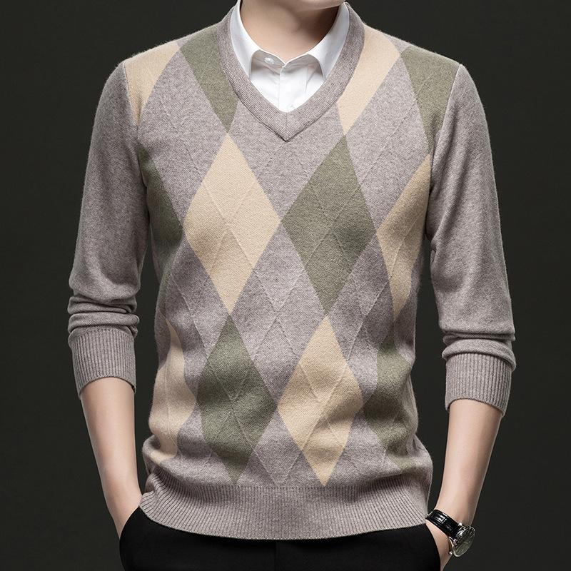 Men S V Neck Long Sleeve Knit Sweater Business Casual Diamond Pattern Pullover