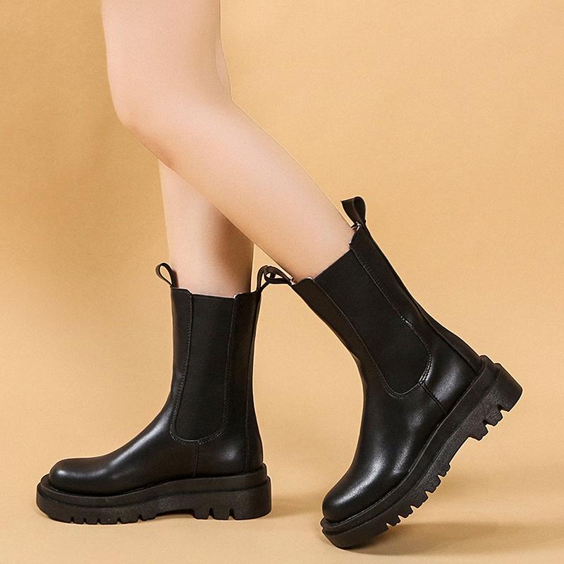 Classiques Bottines Chelsea Femmes Noires Bottines Chaussures à Plateforme Femmes Cuir Véritable Plateforme Bottines Courtes Slip-on Bande Élastique Pu
