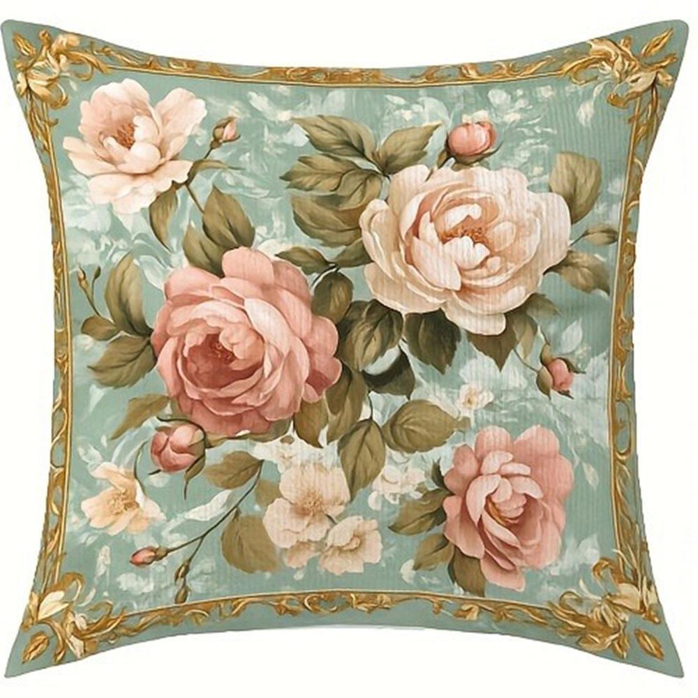 Vintage Light Green Rose Pattern Home Decor Pillowcase Living Room Sofa Polyester Cushion Cover With Zipper