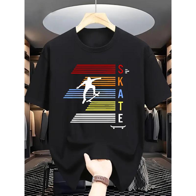European sizes Men'S Casual Summer T-Shirt with Skateboard Graphic - "SKATE" Print, Short Sleeve, Round Neck