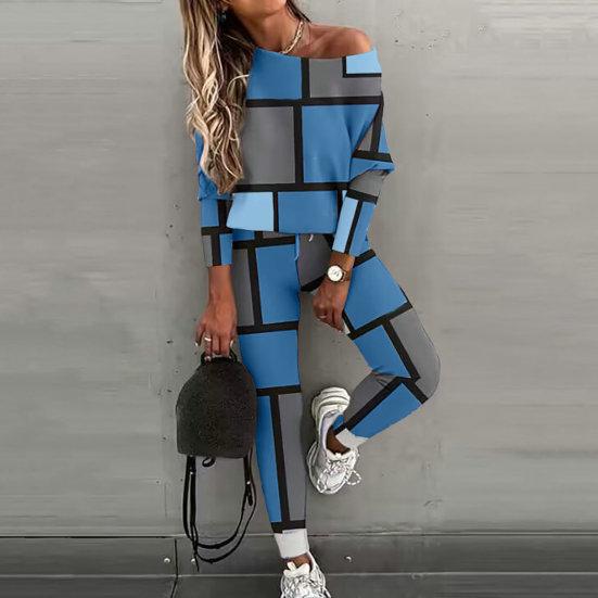 2 Pcs/Set Women Top Pants Suit Color Matching Off Shouder Long Sleeve Loose Elastic Waist Patchwork Women Spring Fall T-shirt Trousers Set Lady