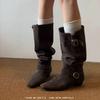 Travel Boots~ Retro Square Head Belt Buckle Suede Thick Heel Pile Boots Women'S Skinny But Knee Long Knight Boots