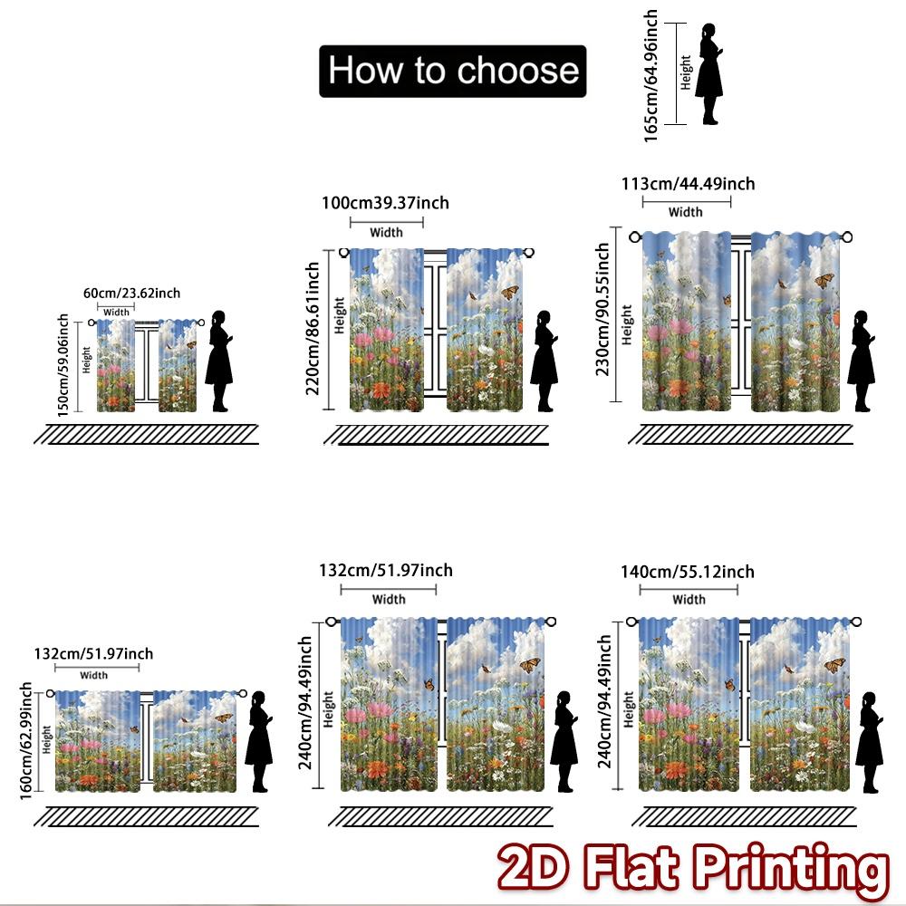2D Flat Printing 2pcs Party Window Curtains Butterfly Wildflower Field Digital Printed Polyester Drapes Family Party Decoration