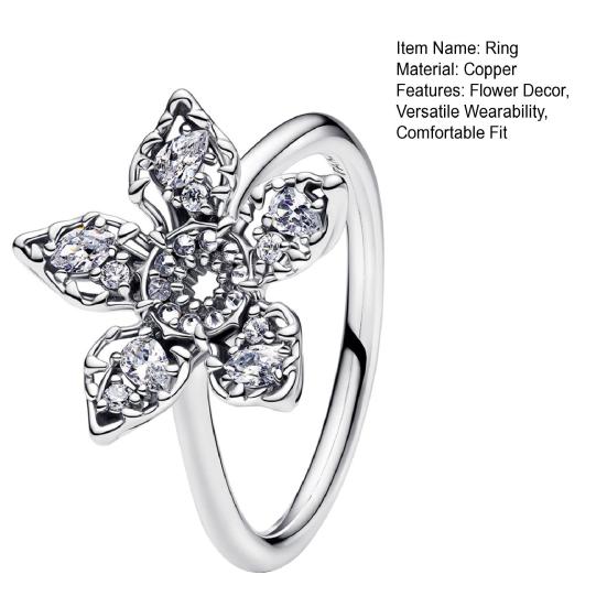 Women Ring Sparkling Rhinestones Inlaid 3D Flower Decor Copper Polished Ring Anniversaries Birthdays Valentine Day Jewelry