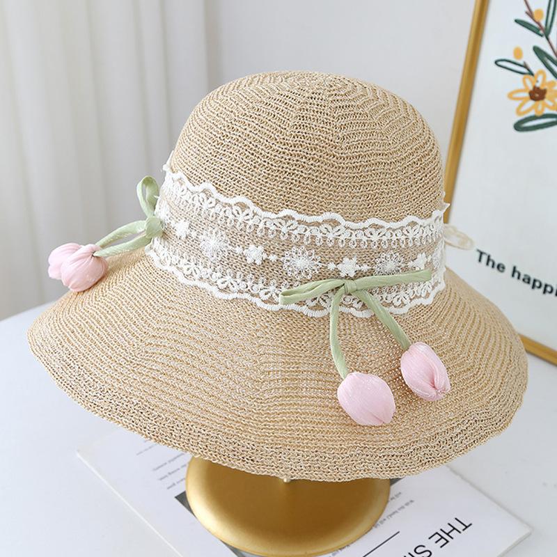 New Lace Bow Flower Straw Hat Women's Summer Outdoor Sunshade Sun Hat Beach Hat Straw Sun Hat