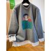 Cartoon Printed Lace Stitching Brushed Thickened Long-sleeved T-shirt Women's Autumn and Winter Loose Bottoming Shirt Top