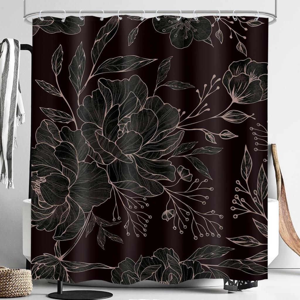 Schwarzer Duschvorhang mit Pfingstrosenmuster, abstraktem Vintage-Blumenblüten- und Blättermotiv, modern und elegant, wasserdicht