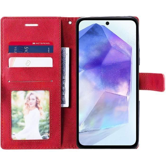 Coque de protection - BOOLING - pour Samsung Galaxy A55 5G - Cuir PU - Rouge - Antichoc