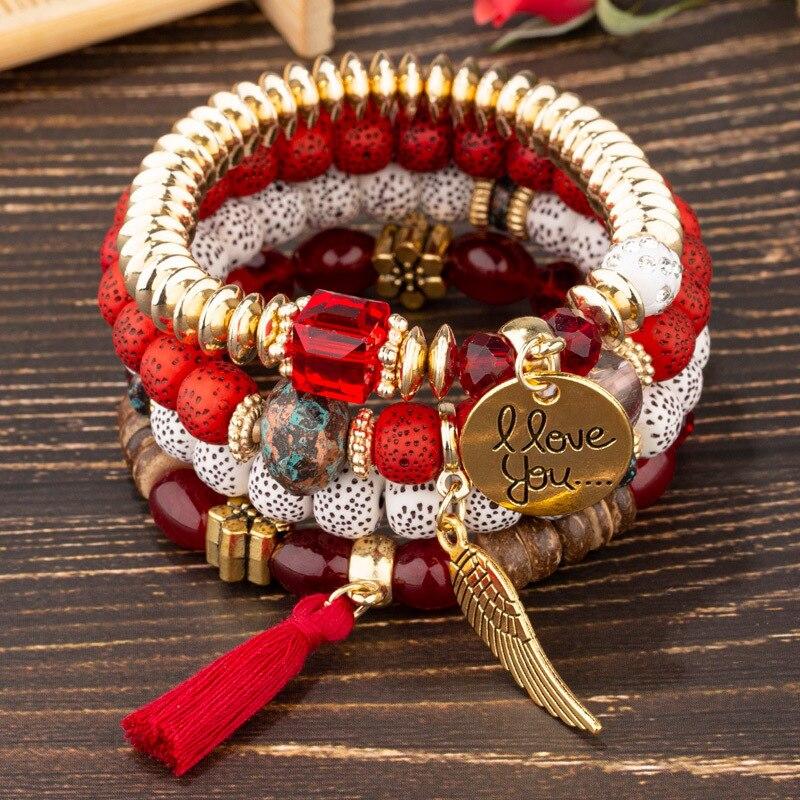 4 stks/set Boho Elastisch Touw Kwastje Armbanden Verklaring Hars Kristal Steen Handgemaakte Kralen Armbanden Armbanden Fashion Party Sieraden