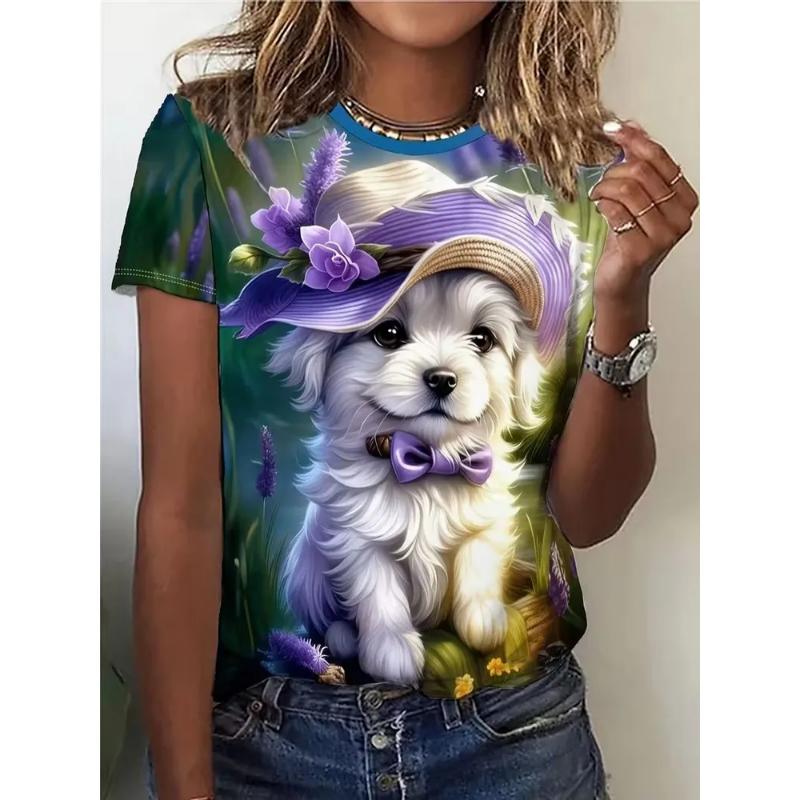 Camiseta Feminina Gola Redonda Manga Curta Estampa Colorida 3D