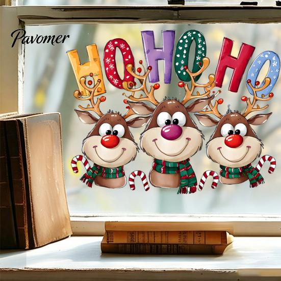 Glass Door Decor Christmas Static Cling Window Stickers, Cartoon Reindeer HOHOHO Art Decals, Surface Embellishments Festive Holiday for Home