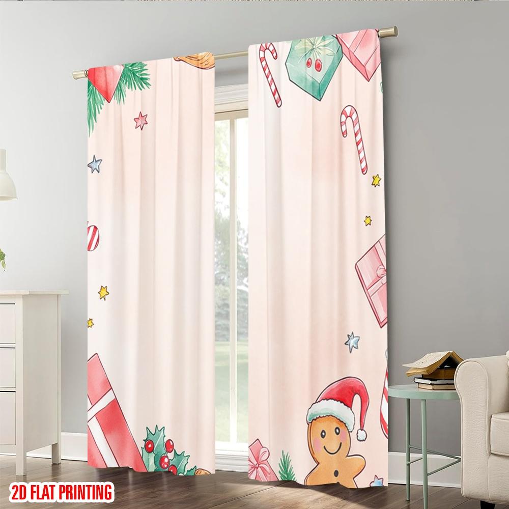 Set Of 2 Plane Printing Curtains Christmas Bell Presents Stocking Polyester Easy Install Without Rod Decorations Minimalist Made