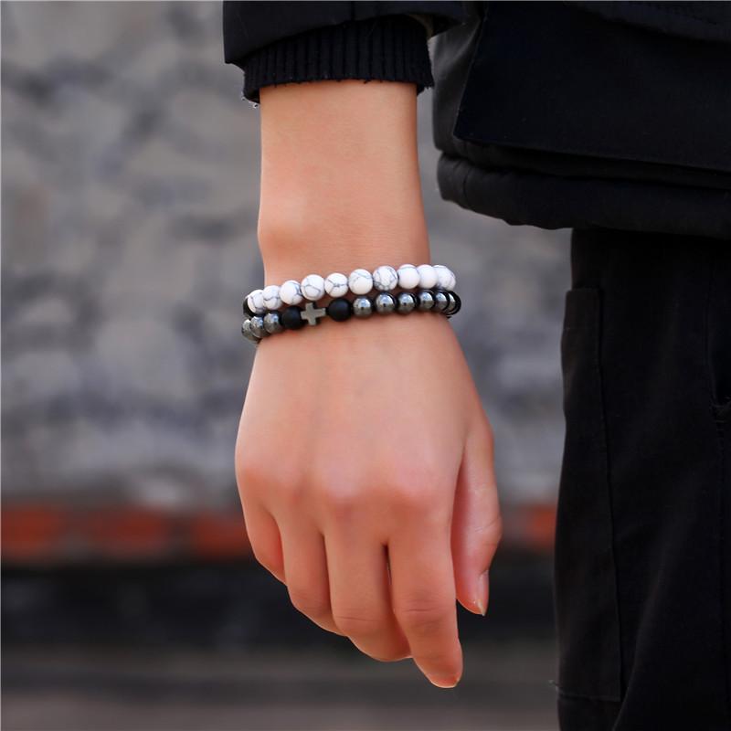 Black Frosted Stone Lava Stone Crown Long Stretch Bracelet Bracelet Set