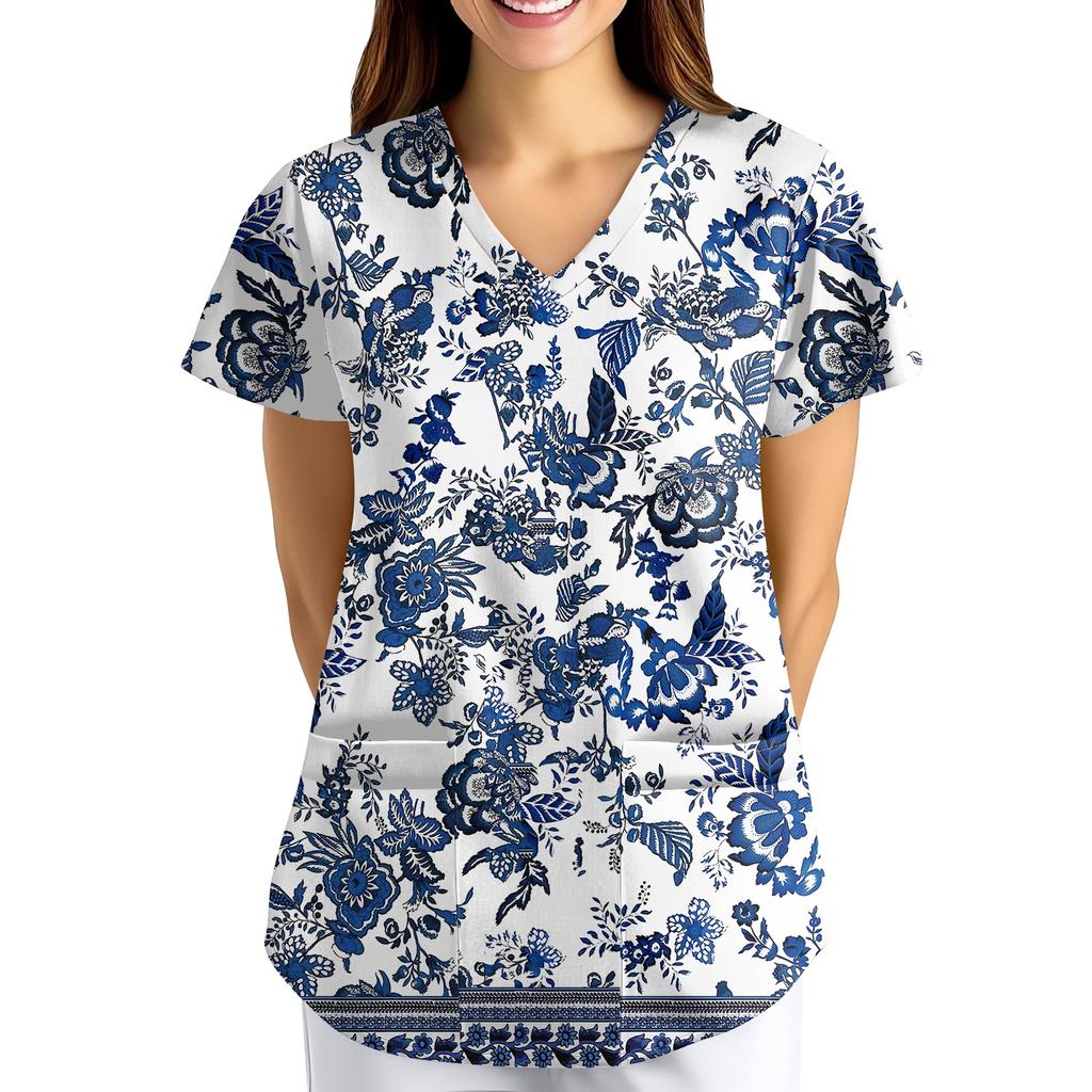 Plus SizePrinted Scrub Working Uniform Tops For Women's Cross V-Neck Print Short Sleeve Fun T-Shirts Workwear Tee With Pockets