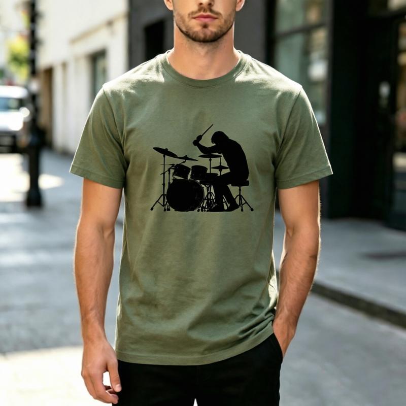Vintage Rock Drummer Drum Kit Silhouette Graphic T Shirt Unisex Unisex Cotton Crewneck Musician Band Tee Summer Casual Streetwear