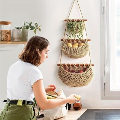 1pc  Bohemian-Style Cotton Rope Woven Fruit Basket - 3-Tier Hanging Storage for Fruits & Vegetables, Versatile Wall-Mount Design