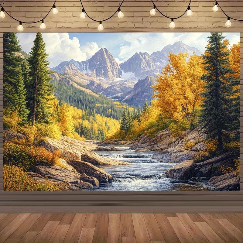 1 Piece of 2D Background Cloth Featuring Golden Autumn Mountain Scenery a Natural and Peaceful Atmosphere and a Party Banner