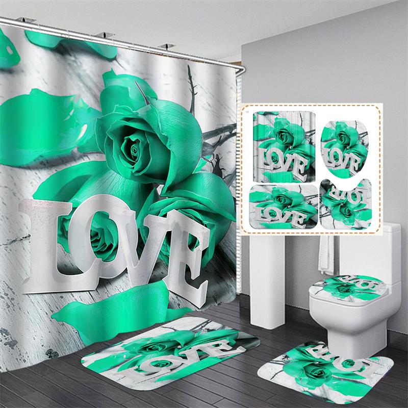 Flower Rose Shower Curtains Waterproof Polyester Bathroom Curtain with Hooks Bathtub Curtain Soft Floor Rugs Non-slip Bath Mat Bathroom Decor 4pcs